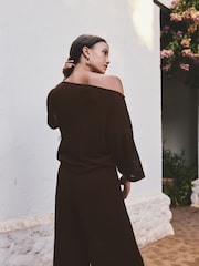 Chocolate Brown Knit Look Asymmetric Short Sleeve Top - Image 4 of 8