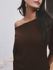 Chocolate Brown Knit Look Asymmetric Short Sleeve Top - Image 5 of 8
