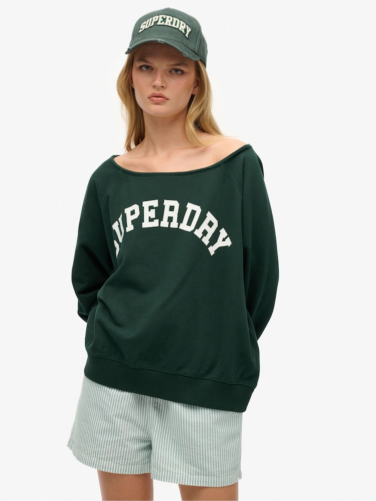 Superdry Green Athletic Essentials Bardot Crew Sweat Top - Image 1 of 4