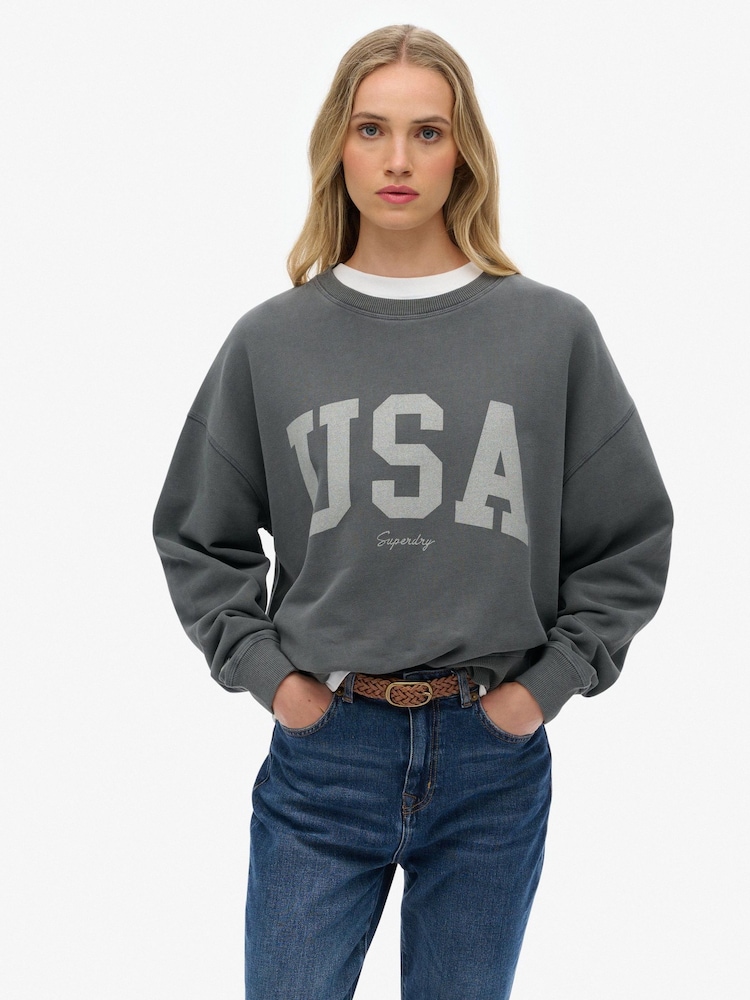 Superdry Grey Athletic Essentials Relaxed Crew Sweat Top - Image 1 of 7