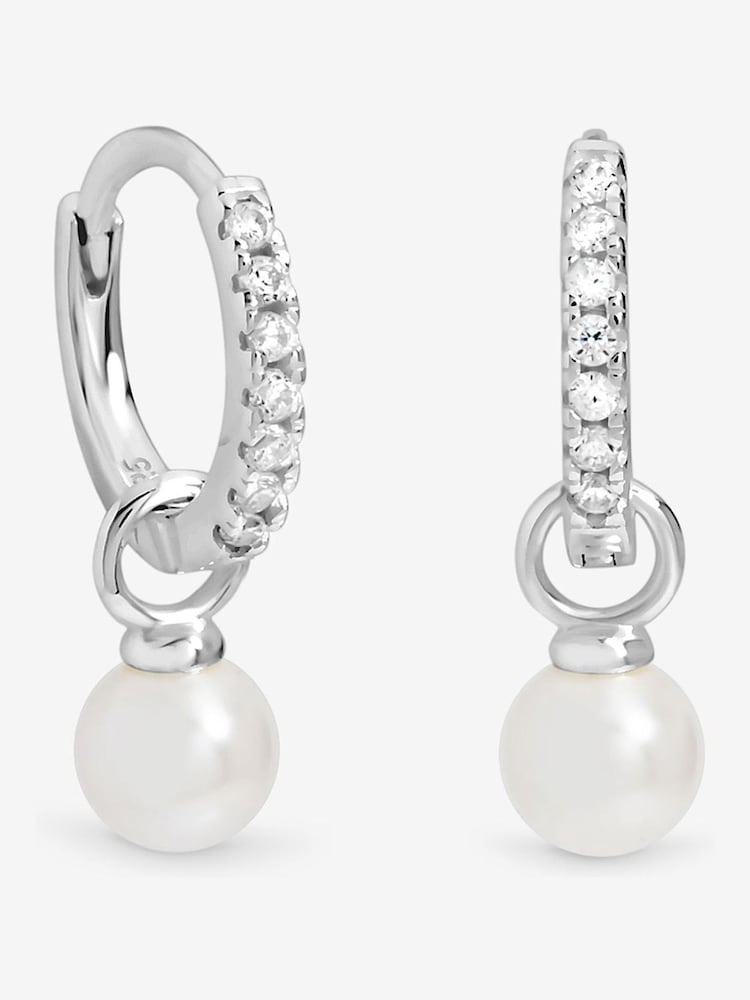 Simply Silver 925 Sterling Silver Cubic Zirconia Pave Pearl Hoop Earrings - Image 1 of 3