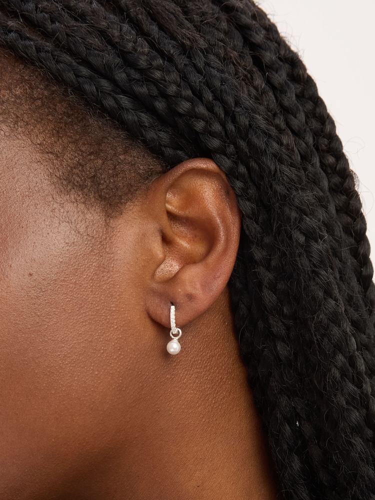 Simply Silver 925 Sterling Silver Cubic Zirconia Pave Pearl Hoop Earrings - Image 2 of 3