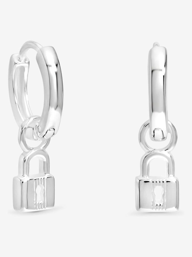 Simply Silver 925 Sterling Silver Polished Padlock Charm Hoop Earrings - Image 1 of 3