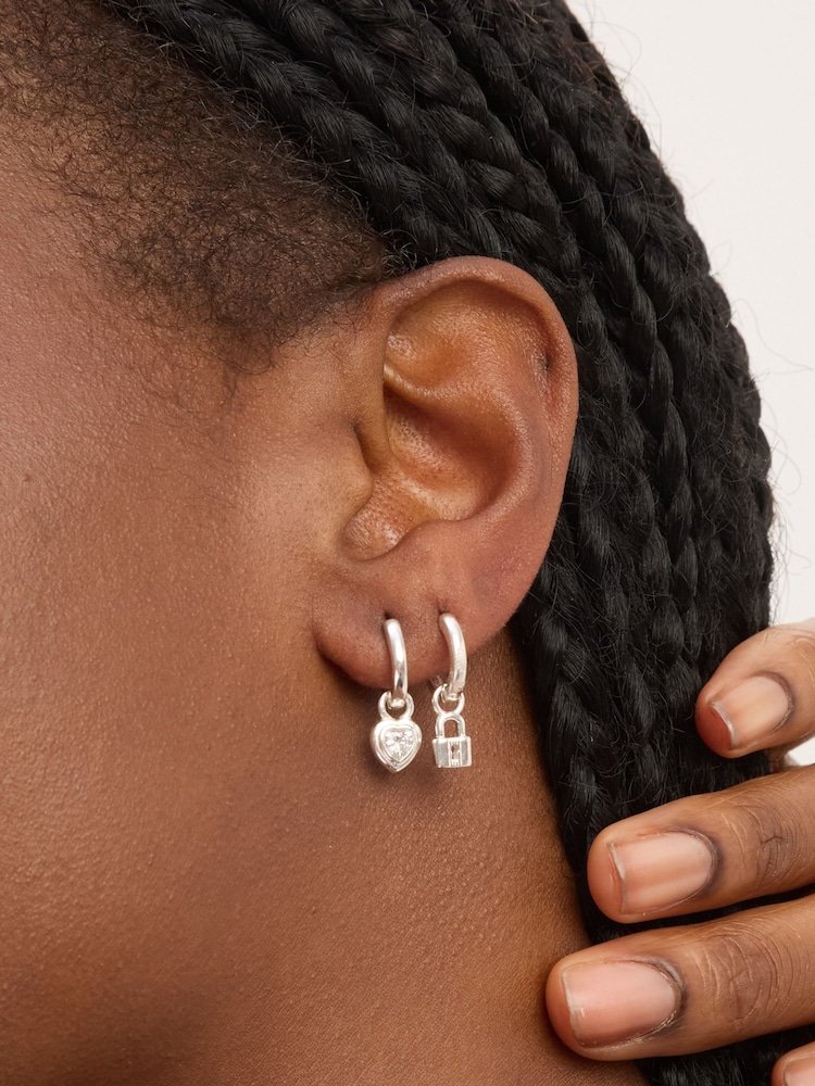 Simply Silver 925 Sterling Silver Polished Padlock Charm Hoop Earrings - Image 2 of 3