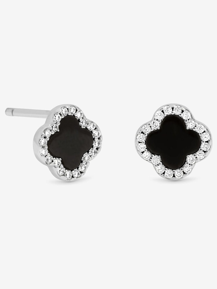 Simply Silver 925 Sterling Silver Pave and Jet Clover Stud Earrings - Image 1 of 2