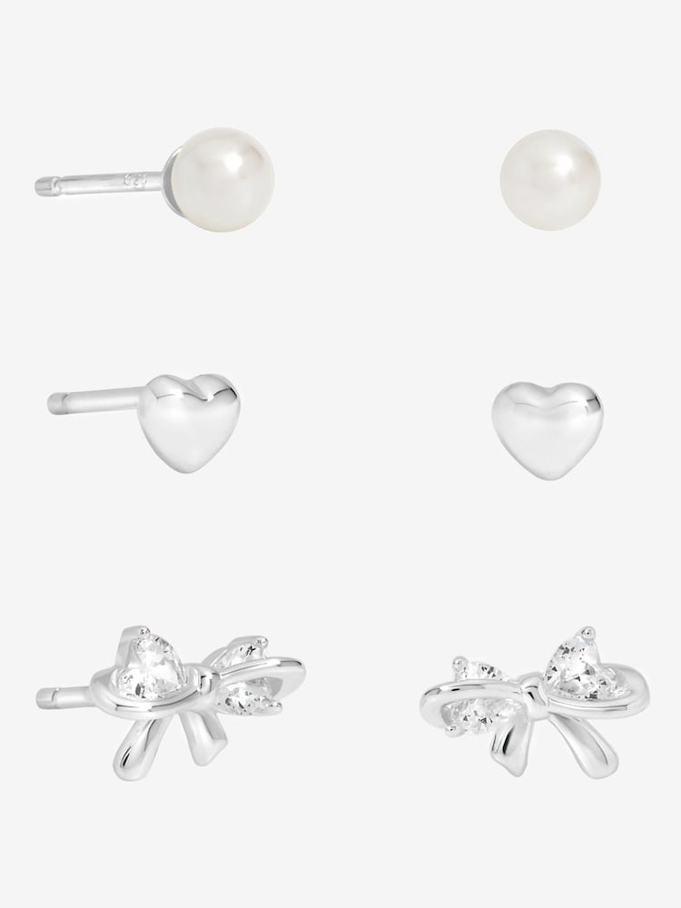 Simply Silver Sterling Silver 925 Pearl Bow Earrings 3 Pack - Image 1 of 2