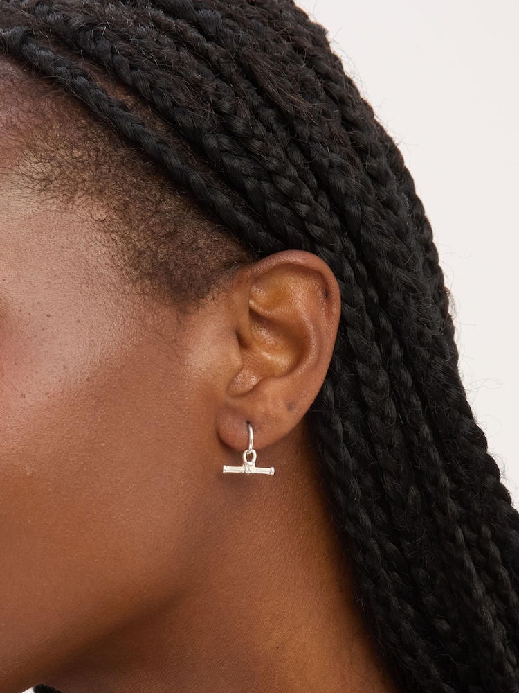 Simply Silver 925 Sterling Silver Polished Textured T Bar Hoop Earrings - Image 2 of 2