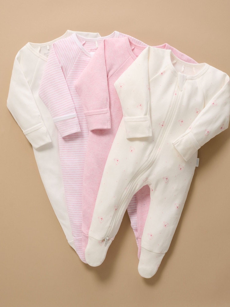 Purebaby Pale Pink Bear Zip Sleepsuits 4 Pack - Image 1 of 6