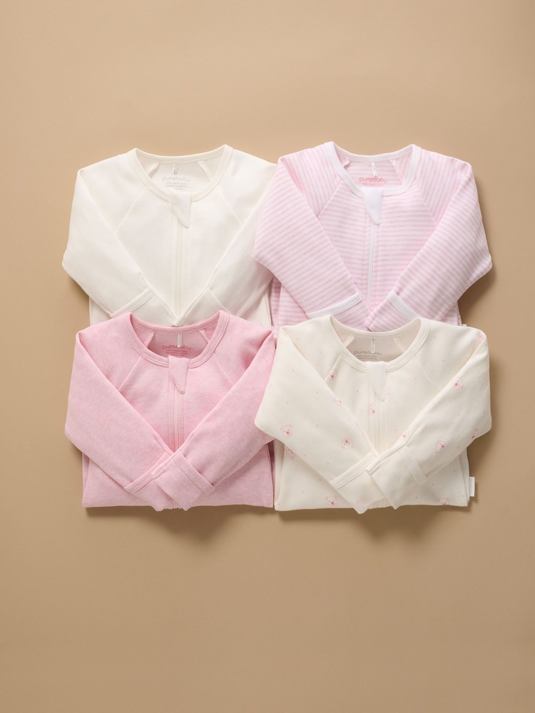 Purebaby Pale Pink Bear Zip Sleepsuits 4 Pack - Image 2 of 6