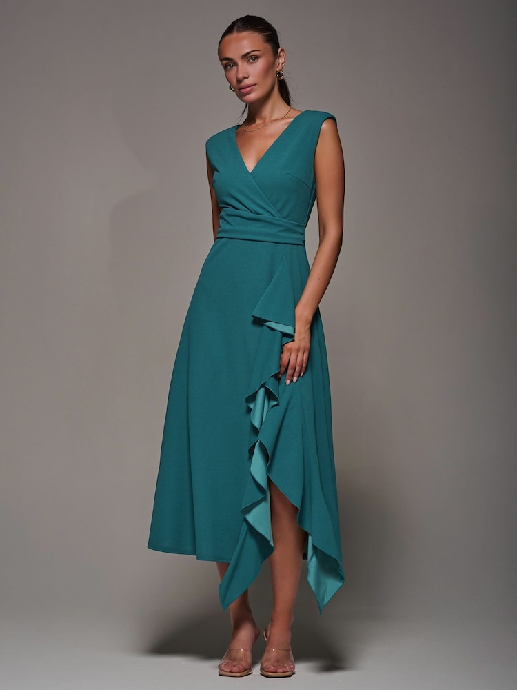 Jolie Moi Green Frill Detail Wrap Dress - Image 6 of 6