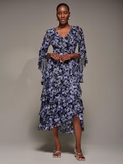 Jolie Moi Black Ruffle Sleeve Tiered Mesh Midaxi Dress - Image 3 of 6
