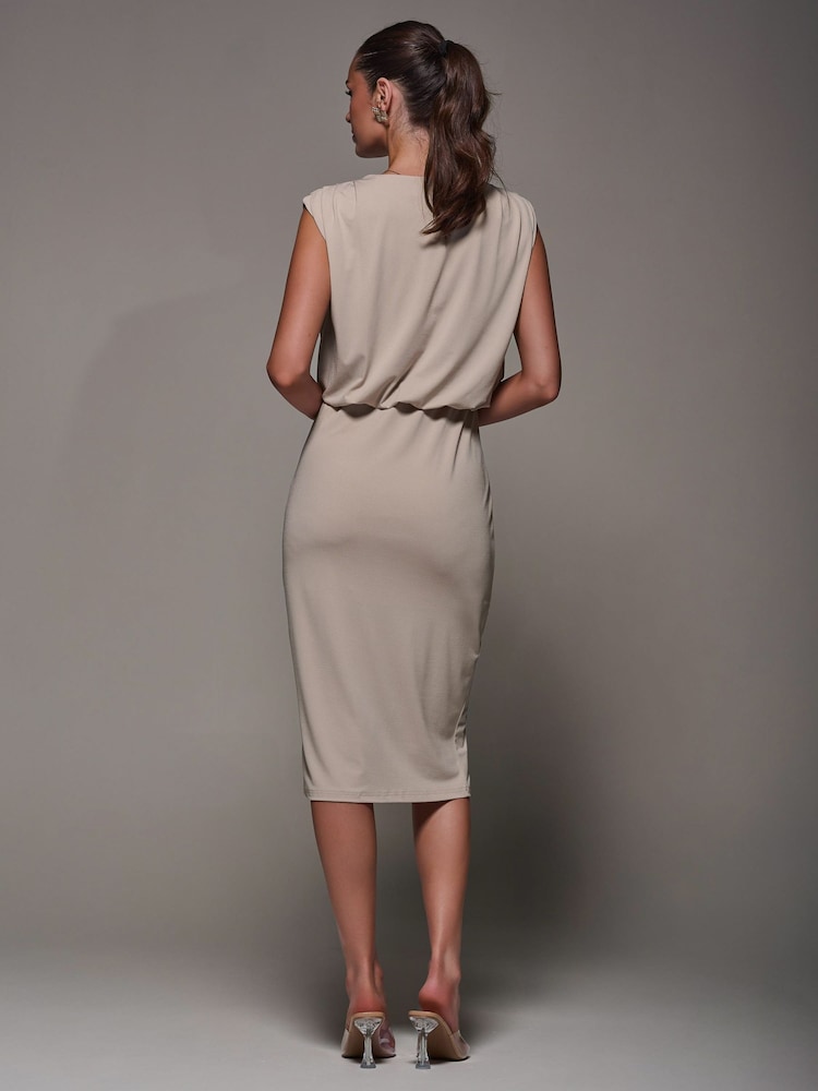 Jolie Moi Cream Draped Wrap Bodycon Dress - Image 2 of 6