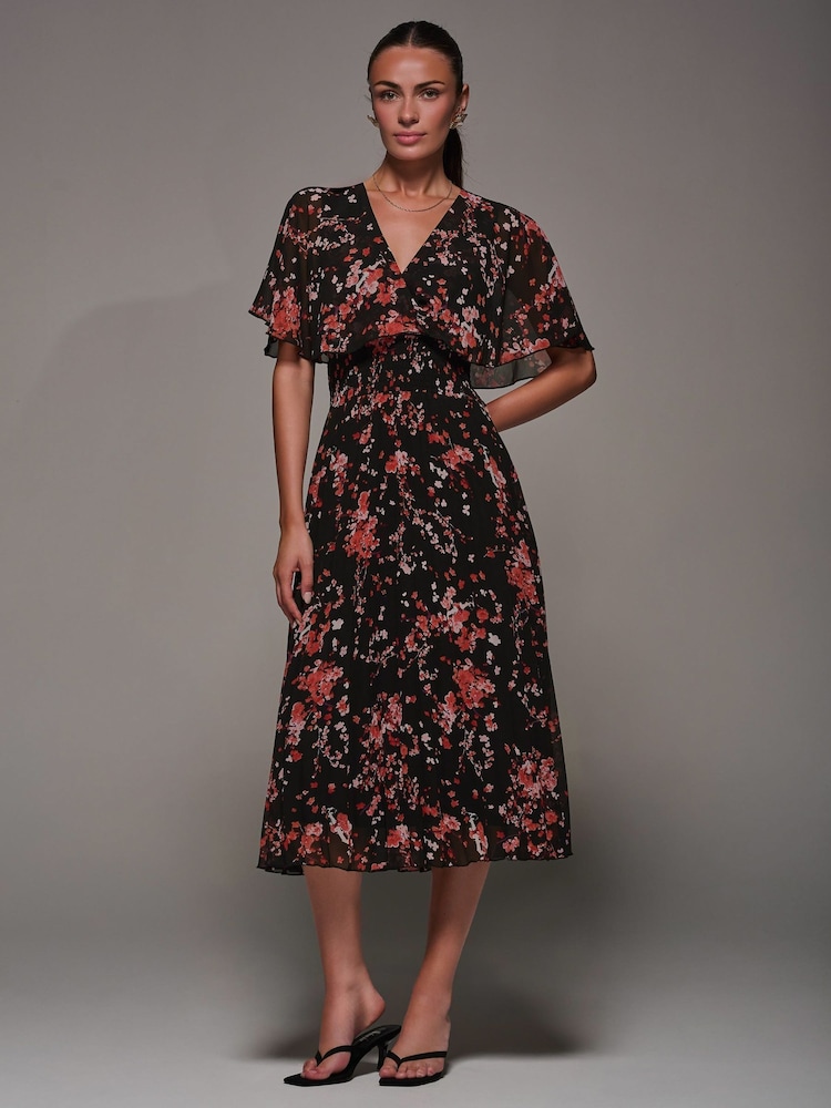 Jolie Moi Black Chiffon Floral Print Pleated Dress - Image 1 of 6