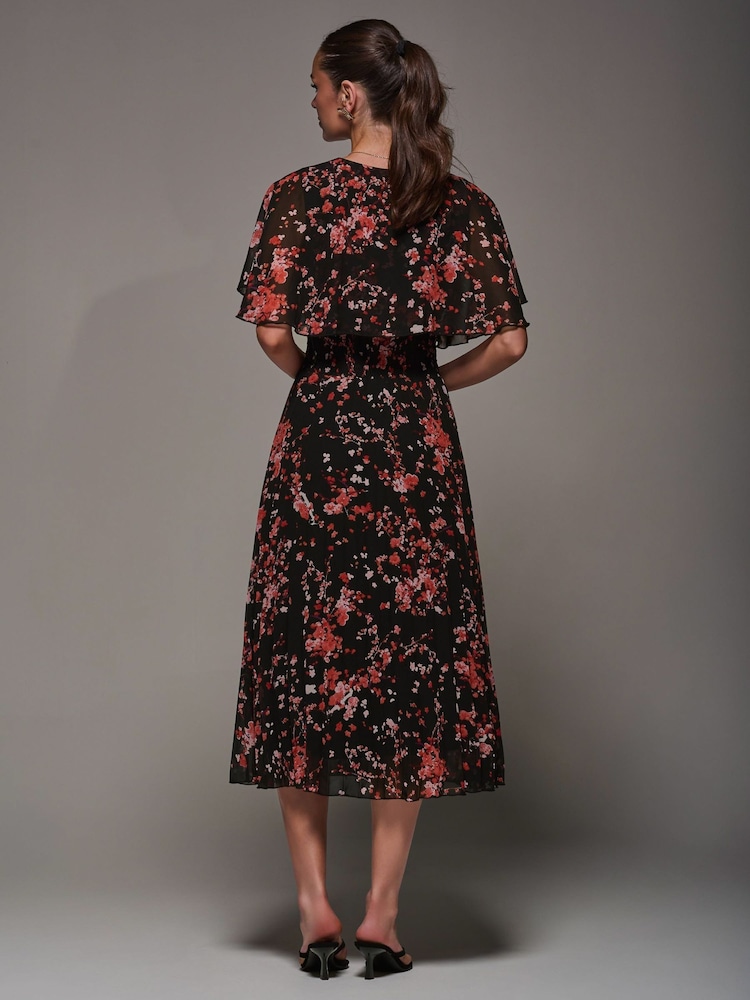 Jolie Moi Black Chiffon Floral Print Pleated Dress - Image 2 of 6