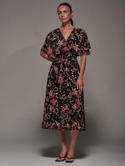 Jolie Moi Black Chiffon Floral Print Pleated Dress - Image 4 of 6