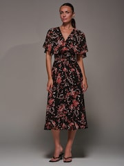 Jolie Moi Black Chiffon Floral Print Pleated Dress - Image 5 of 6