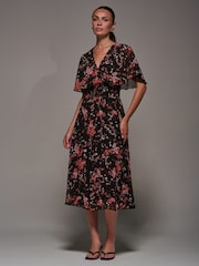 Jolie Moi Black Chiffon Floral Print Pleated Dress - Image 6 of 6