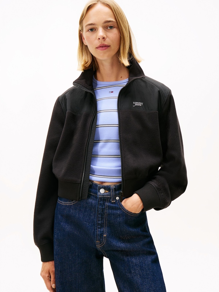 Tommy Jeans Black Polar Fleece Mixed Panel Zip-Thru Sweattop - Image 1 of 5 Tommy Jeans Black Polar Fleece Mixed Panel Zip-Thru Sweattop - Image 1 of 5