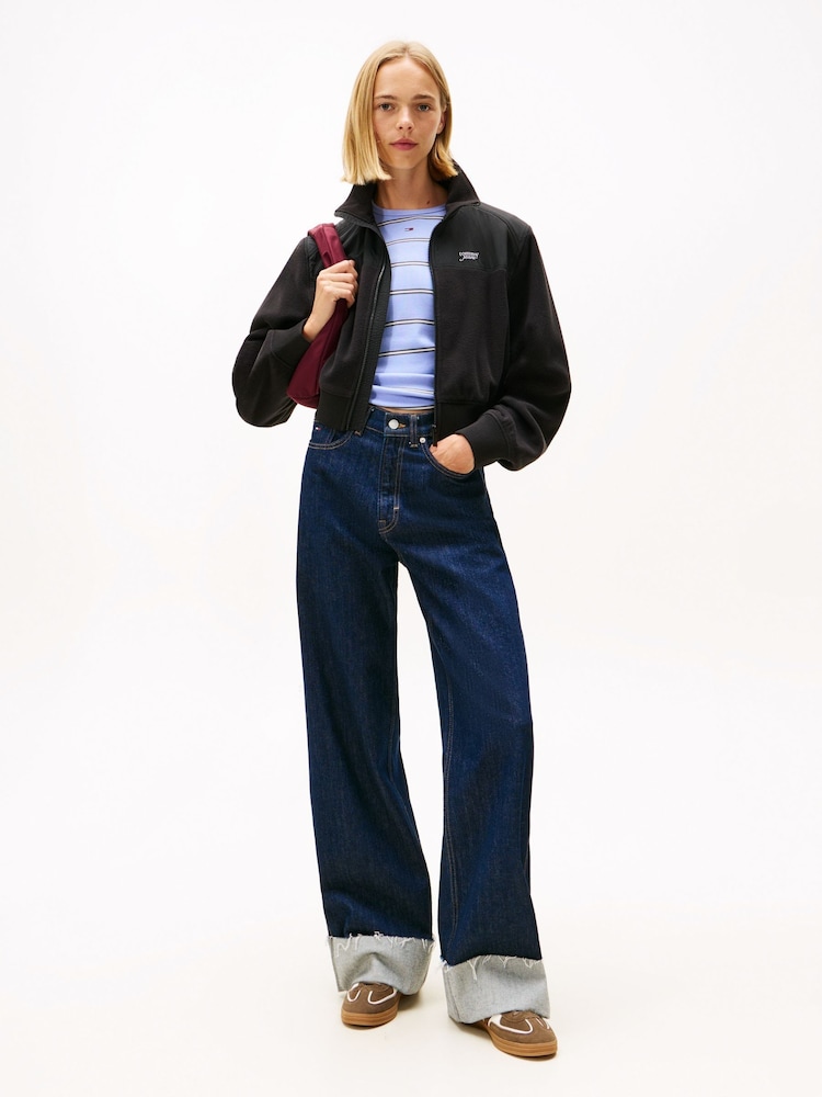 Tommy Jeans Black Polar Fleece Mixed Panel Zip-Thru Sweattop - Image 2 of 5 Tommy Jeans Black Polar Fleece Mixed Panel Zip-Thru Sweattop - Image 2 of 5