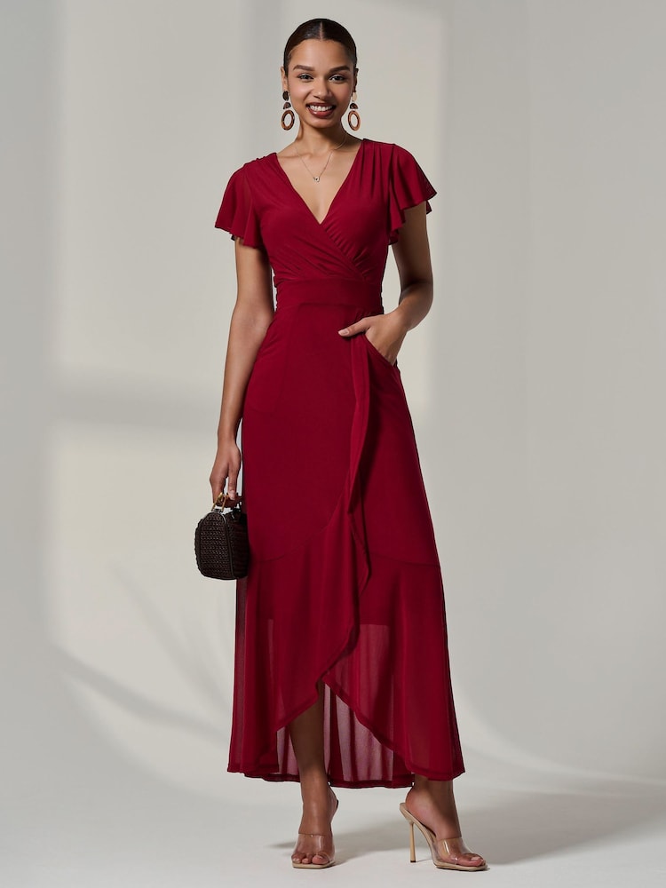 Jolie Moi Red Angel Sleeve Wrap Mesh Dress - Image 1 of 6 Jolie Moi Red Angel Sleeve Wrap Mesh Dress - Image 1 of 6
