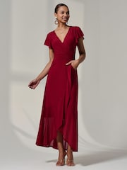 Jolie Moi Red Angel Sleeve Wrap Mesh Dress - Image 4 of 6