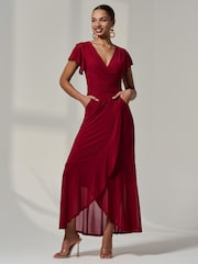 Jolie Moi Red Angel Sleeve Wrap Mesh Dress - Image 6 of 6