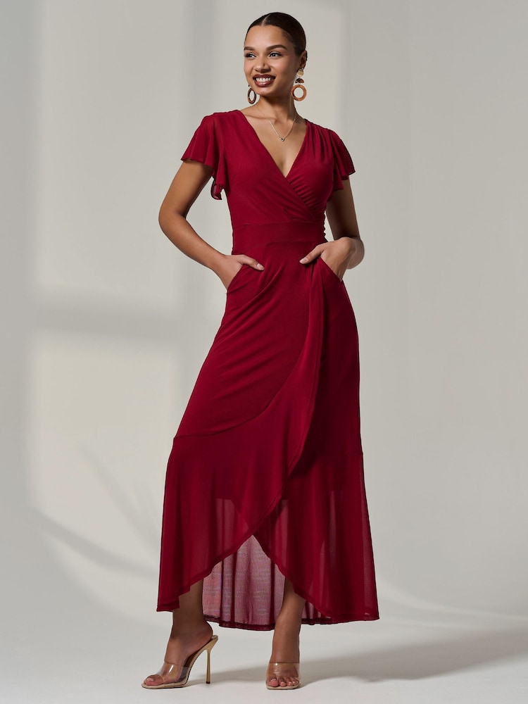 Jolie Moi Red Angel Sleeve Wrap Mesh Dress - Image 6 of 6 Jolie Moi Red Angel Sleeve Wrap Mesh Dress - Image 6 of 6