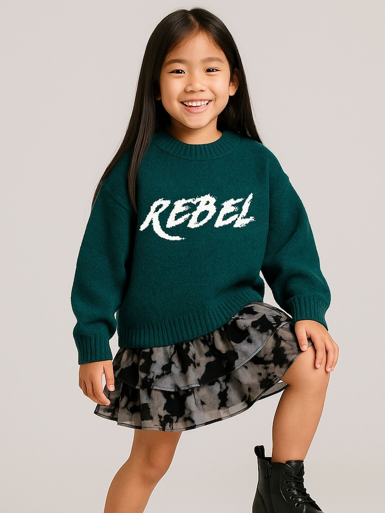 Religion Green Rebel Slogan Jumper In Soft Knitted Intarsia - Image 1 of 4 Religion Green Rebel Slogan Jumper In Soft Knitted Intarsia - Image 1 of 4
