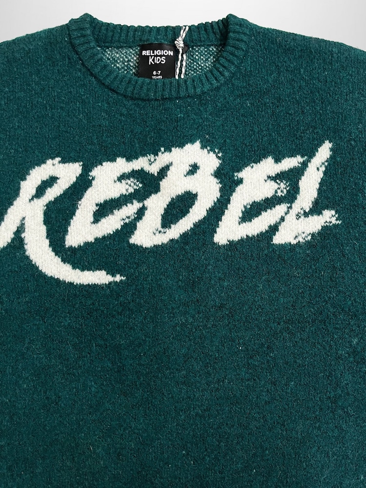 Religion Green Rebel Slogan Jumper In Soft Knitted Intarsia - Image 2 of 4