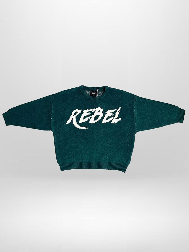Religion Green Rebel Slogan Jumper In Soft Knitted Intarsia - Image 4 of 4 Religion Green Rebel Slogan Jumper In Soft Knitted Intarsia - Image 4 of 4