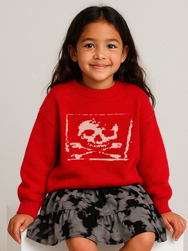 Religion Red Skully Jumper With White Intarsia Skull And Crossbone - Image 1 of 4 Religion Red Skully Jumper With White Intarsia Skull And Crossbone - Image 1 of 4