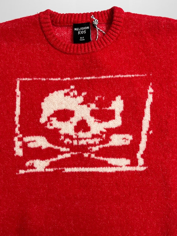 Religion Red Skully Jumper With White Intarsia Skull And Crossbone - Image 2 of 4 Religion Red Skully Jumper With White Intarsia Skull And Crossbone - Image 2 of 4