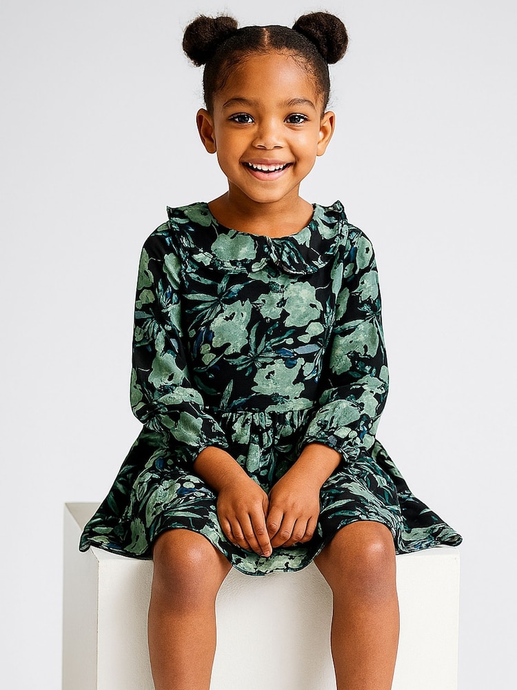 Religion Green Amelie Smock Dress With Pretty Frill Collar In And Soft Pink Abstract Print - Image 2 of 6
