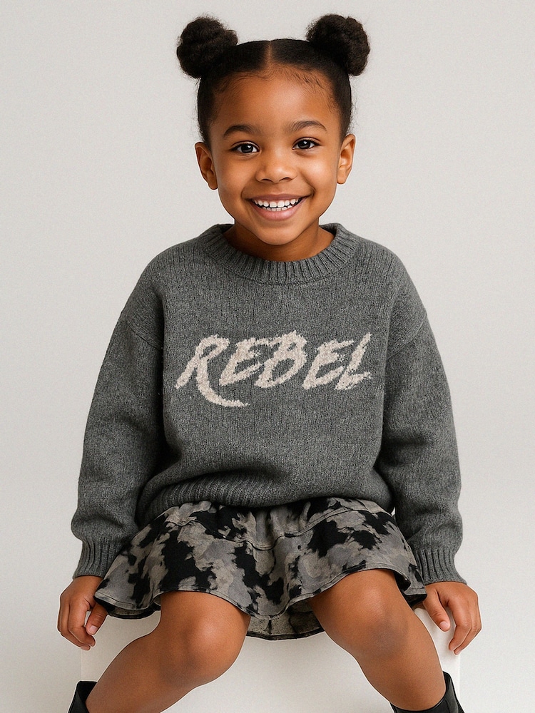 Religion Grey Rebel Slogan Jumper In Soft Knitted Intarsia - Image 1 of 5
