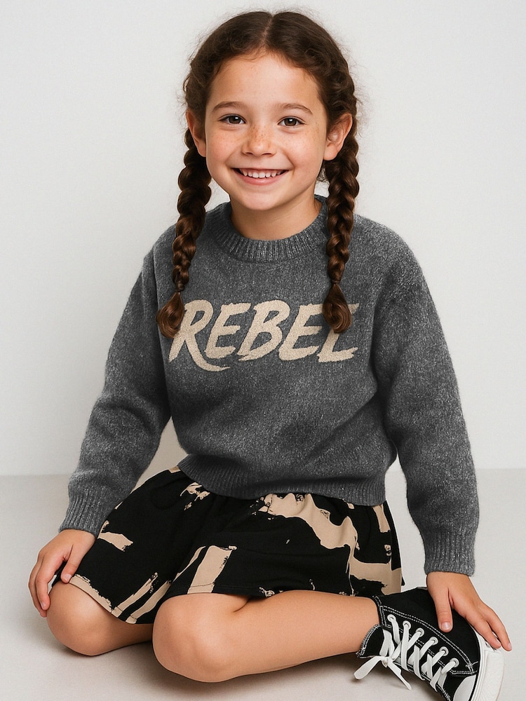 Religion Grey Rebel Slogan Jumper In Soft Knitted Intarsia - Image 2 of 5 Religion Grey Rebel Slogan Jumper In Soft Knitted Intarsia - Image 2 of 5