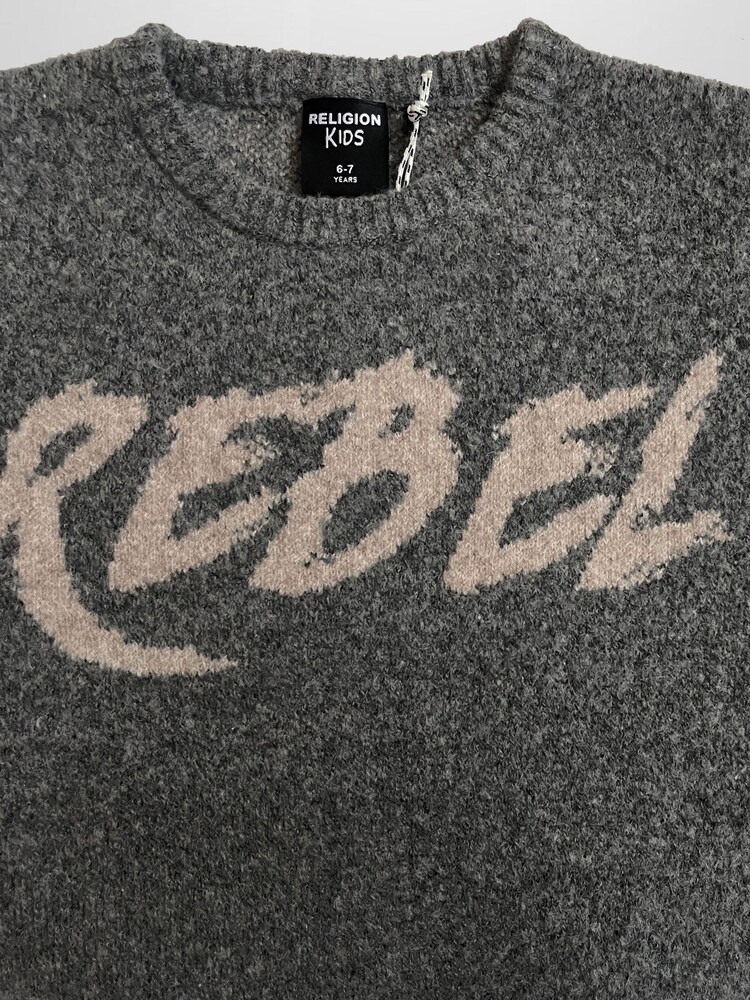 Religion Grey Rebel Slogan Jumper In Soft Knitted Intarsia - Image 5 of 5