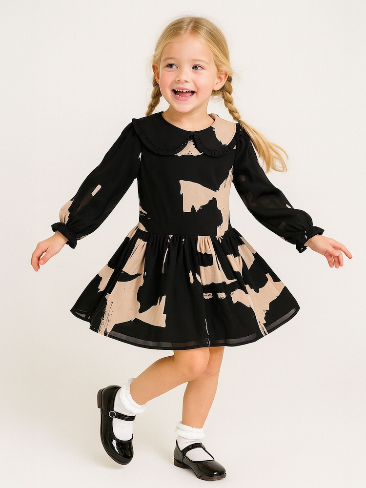 Religion Black Amelie Smock Dress With Pretty Frill Collar In Black And Soft Pink Abstract Print - Image 2 of 6