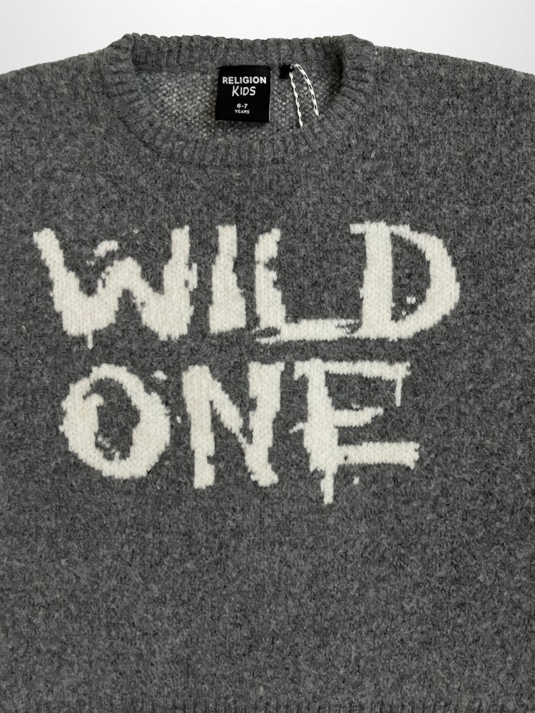 Religion Grey Wild One Crew Neck Slogan Jumper With Contrast Writing - Image 2 of 4 Religion Grey Wild One Crew Neck Slogan Jumper With Contrast Writing - Image 2 of 4