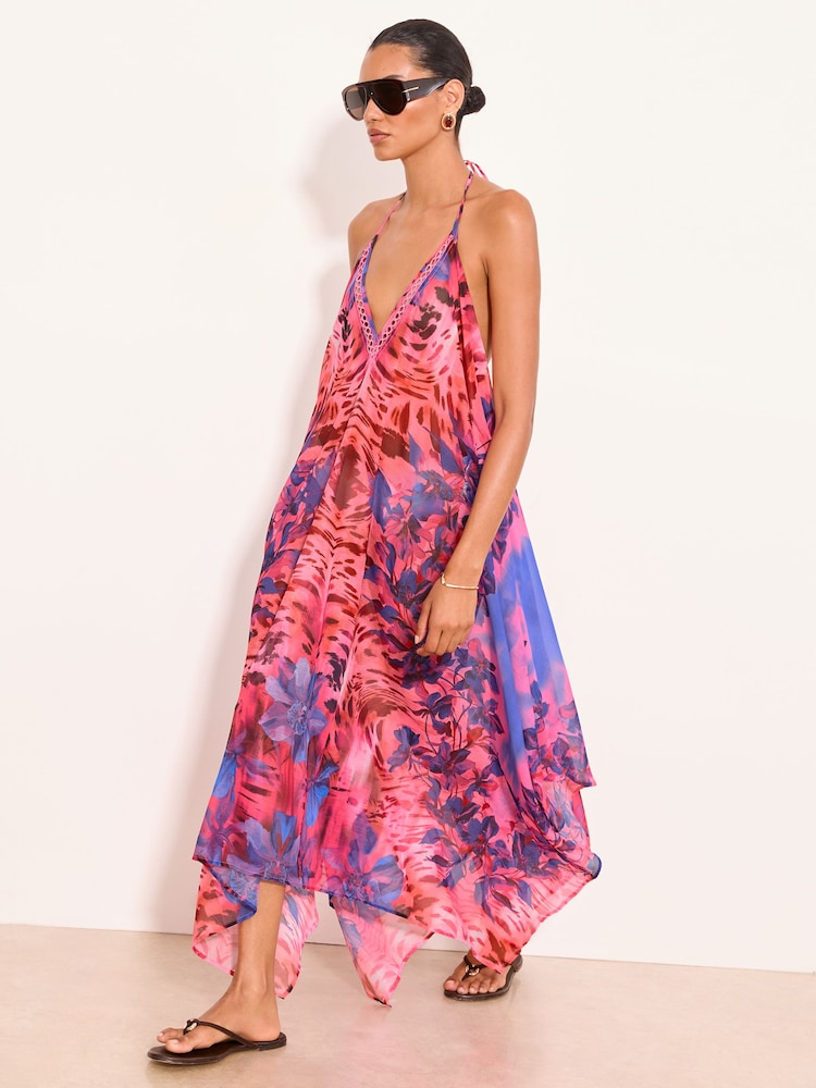 Lipsy Purple Marella Printed Maxi Strappy Hanky Hem Beach Cover Up Dress - Image 1 of 5