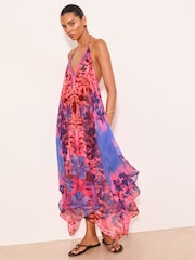 Lipsy Purple Marella Printed Maxi Strappy Hanky Hem Beach Cover Up Dress - Image 3 of 5