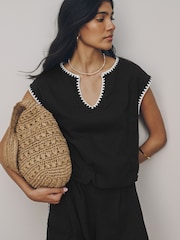 Black Bubblehem Notch Neck Whipstitch Short Sleeve Top - Image 2 of 7