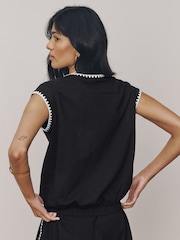 Black Bubblehem Notch Neck Whipstitch Short Sleeve Top - Image 3 of 7