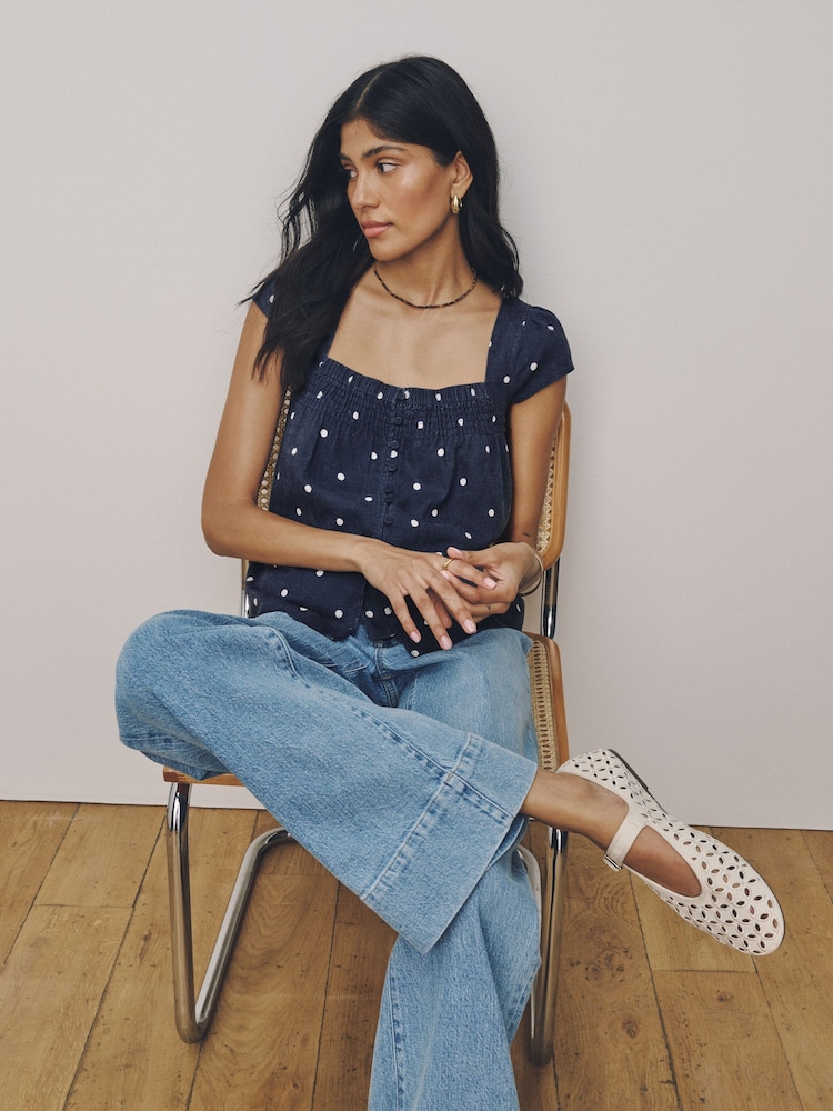 Navy Blue Polka Dot Flutter Sleeve Button Front Top With Linen - Image 1 of 7