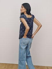 Navy Blue Polka Dot Flutter Sleeve Button Front Top With Linen - Image 3 of 7
