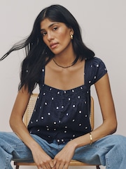 Navy Blue Polka Dot Flutter Sleeve Button Front Top With Linen - Image 4 of 7