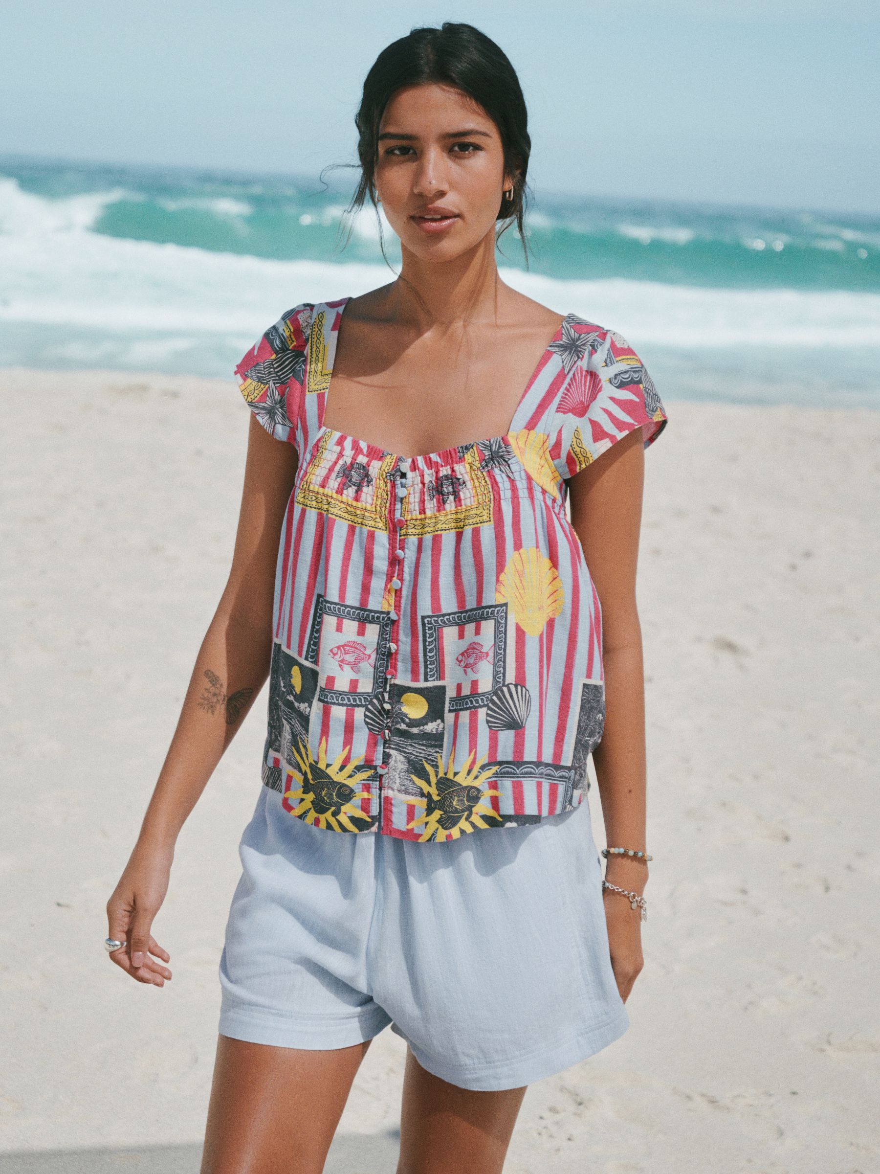 Buy Pink/Blue Frame Print Flutter Sleeve Button Front Top With