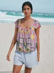 Pink/Blue Frame Print Flutter Sleeve Button Front Top With Linen - Image 1 of 4