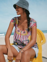 Pink/Blue Frame Print Flutter Sleeve Button Front Top With Linen - Image 2 of 4