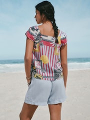 Pink/Blue Frame Print Flutter Sleeve Button Front Top With Linen - Image 3 of 4