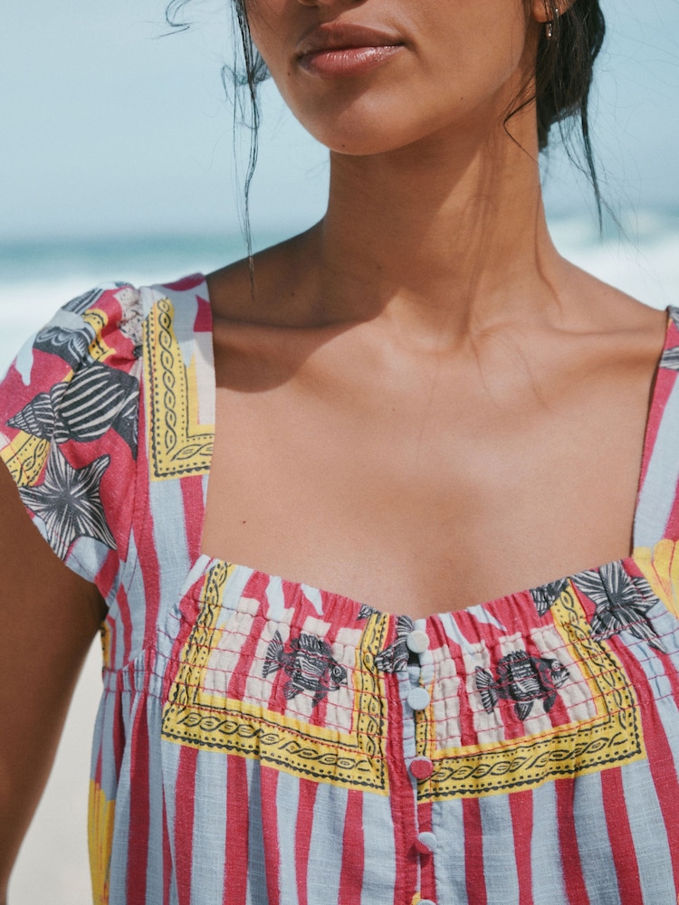 Pink/Blue Frame Print Flutter Sleeve Button Front Top With Linen - Image 4 of 4